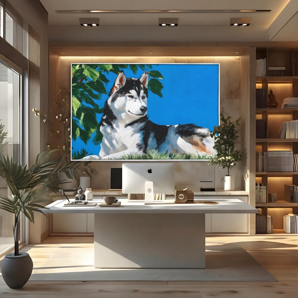 Tablou canvas cu tablou canvas cu husky sub copac, in rama de aluminiu argintiu, pe perete intr-un birou